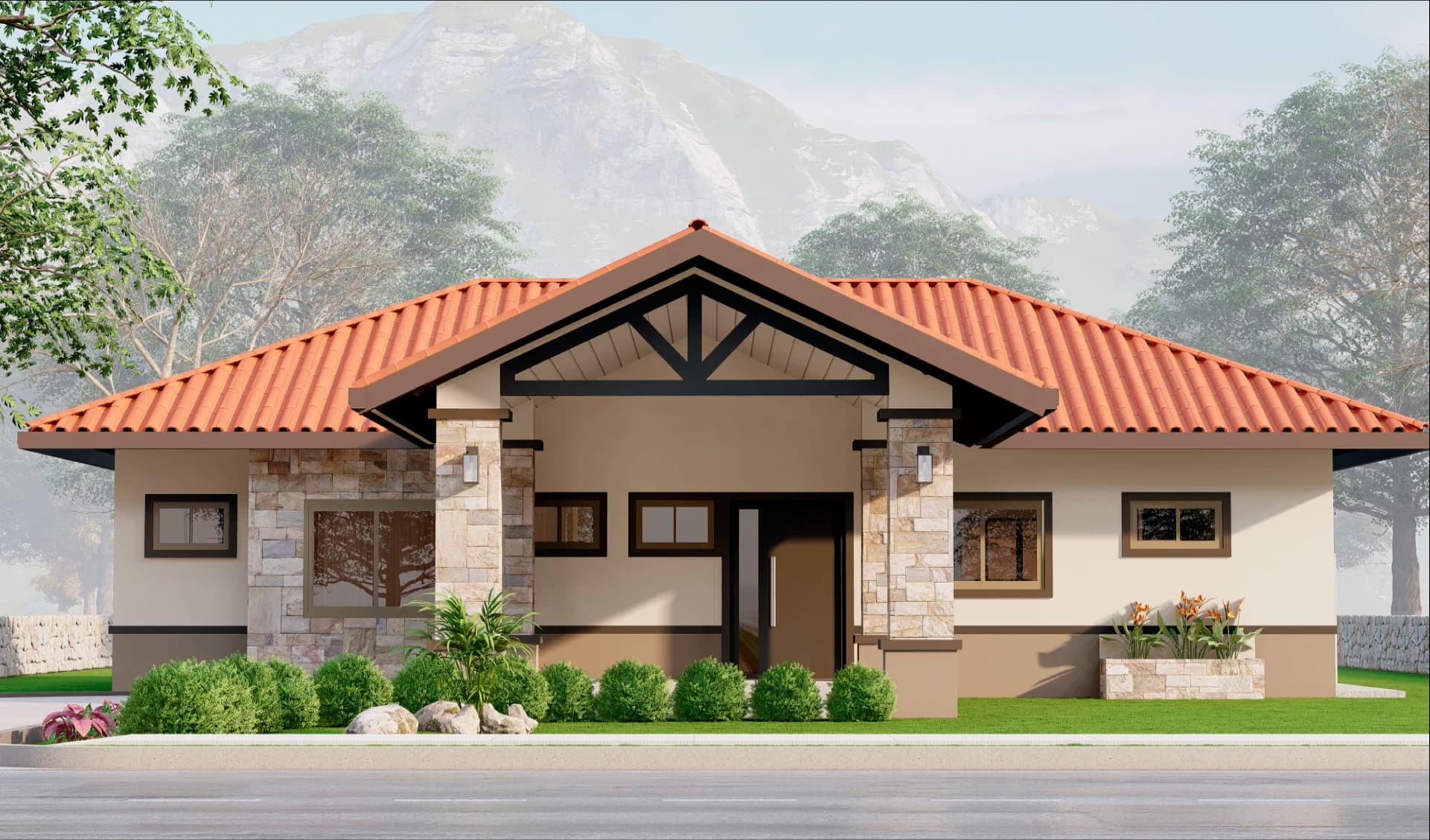 Daysi model house facade with stone columns at Boquete Canyon Village, Alto Boquete