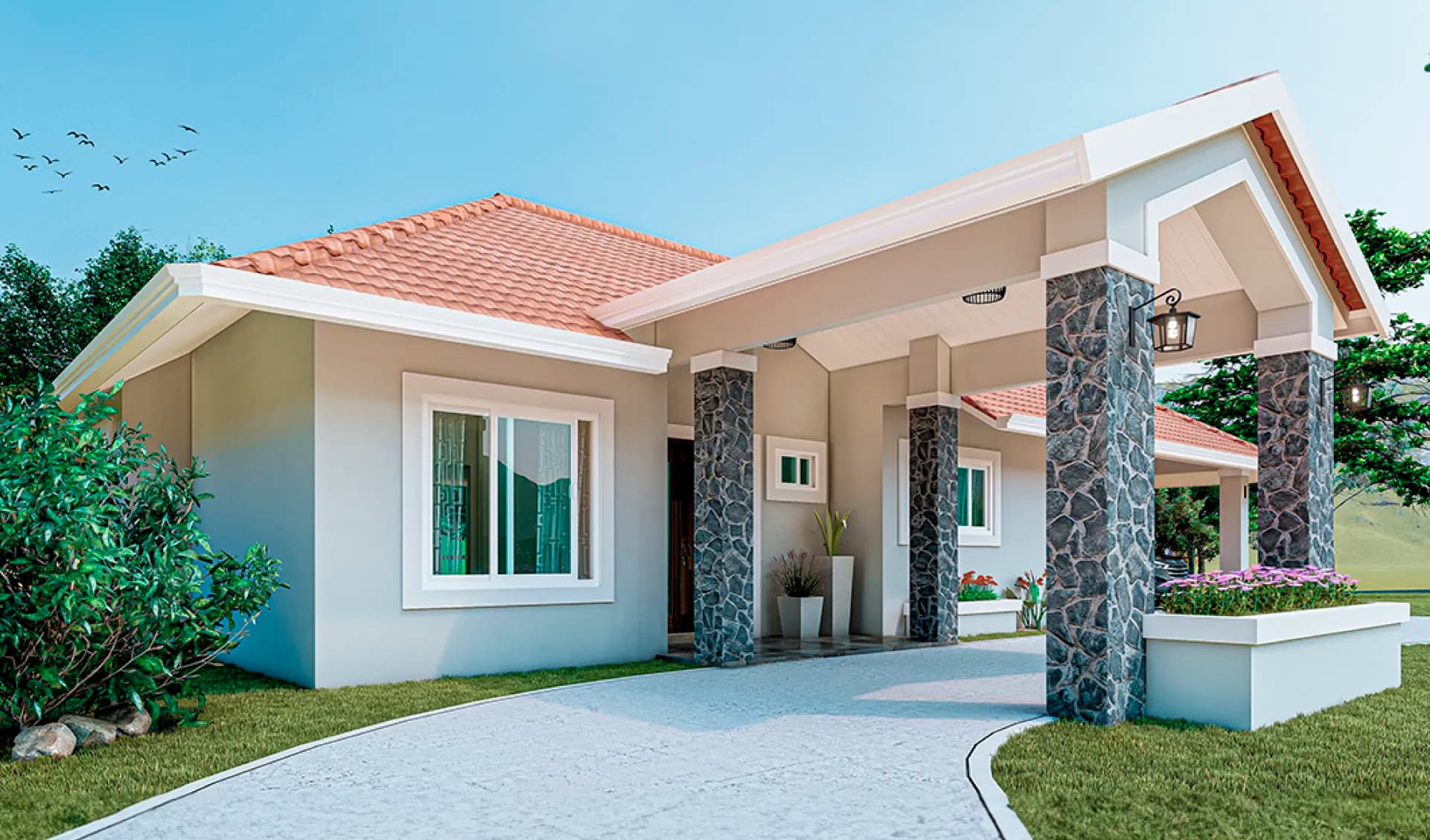 Rosa model house with covered carport and stone pillars at Boquete Canyon Village