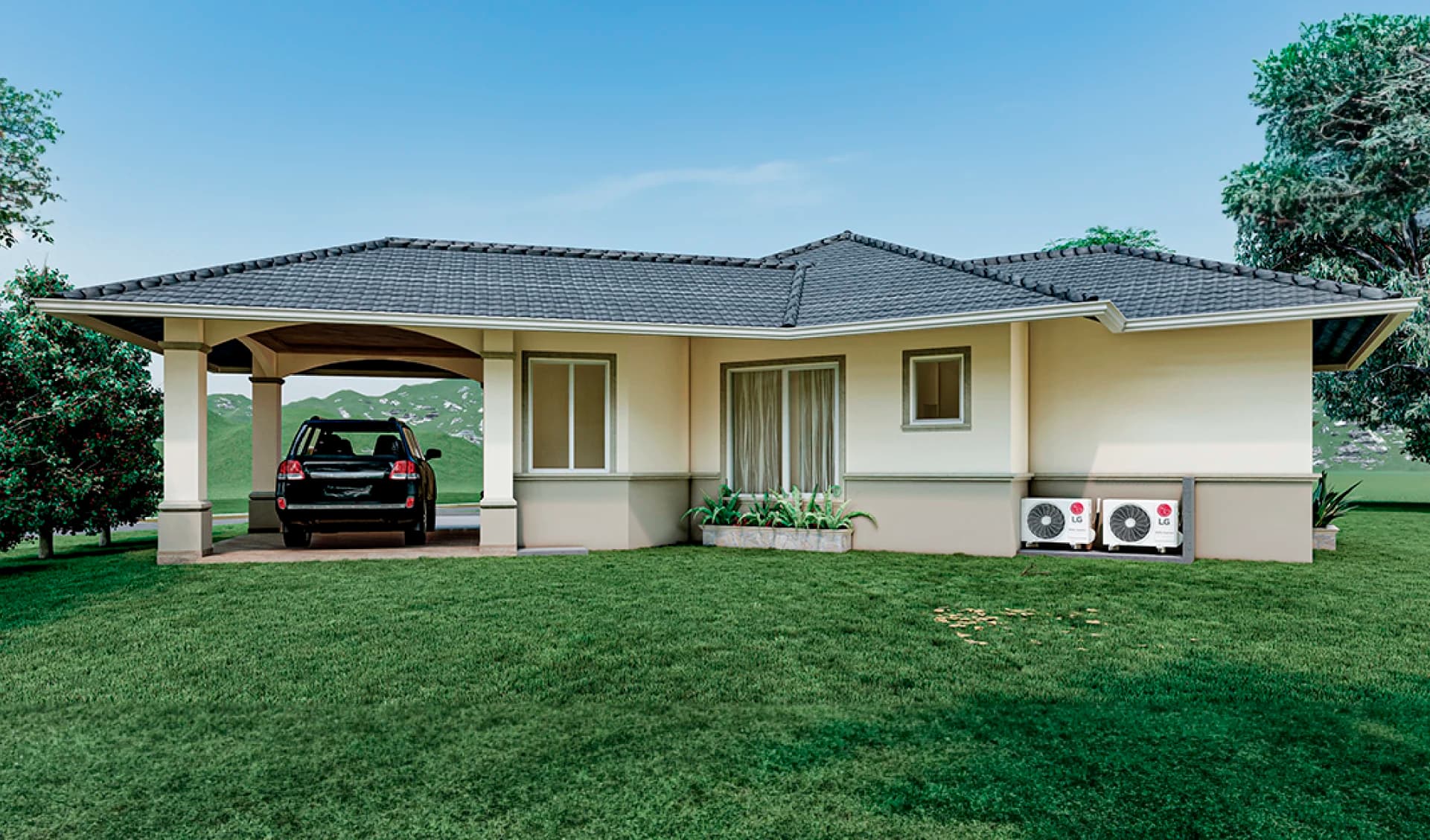Jazmin model house with carport and lawn at Boquete Canyon Village