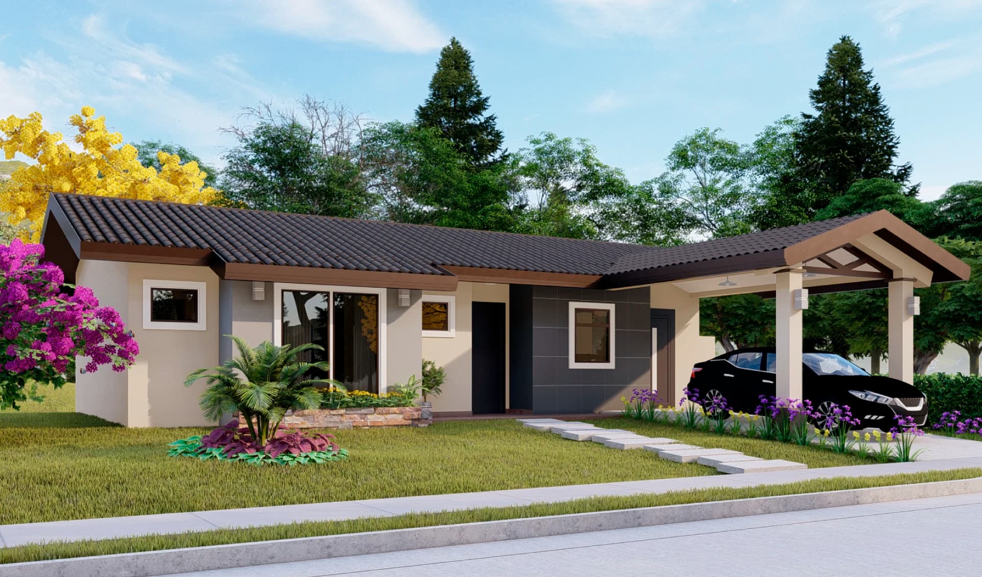 Corner view of an Onix model house with garden at Grand Canyon