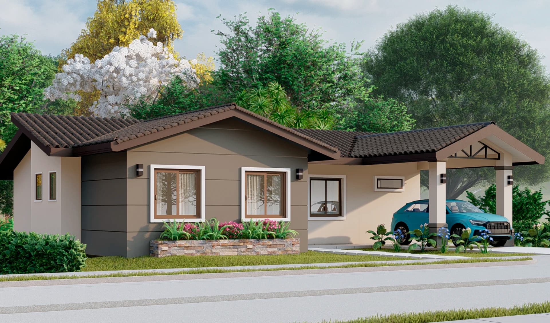 Side view of a Platino model house with flowering trees at Grand Canyon
