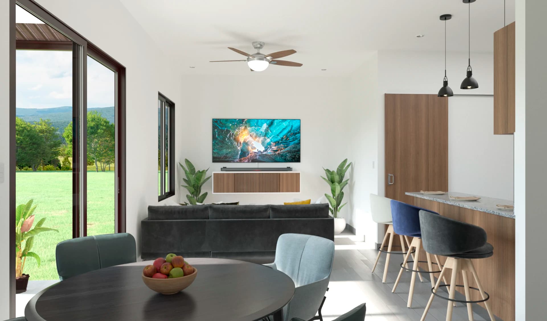 Living and dining area with kitchen bar in a Grand Canyon Onix house