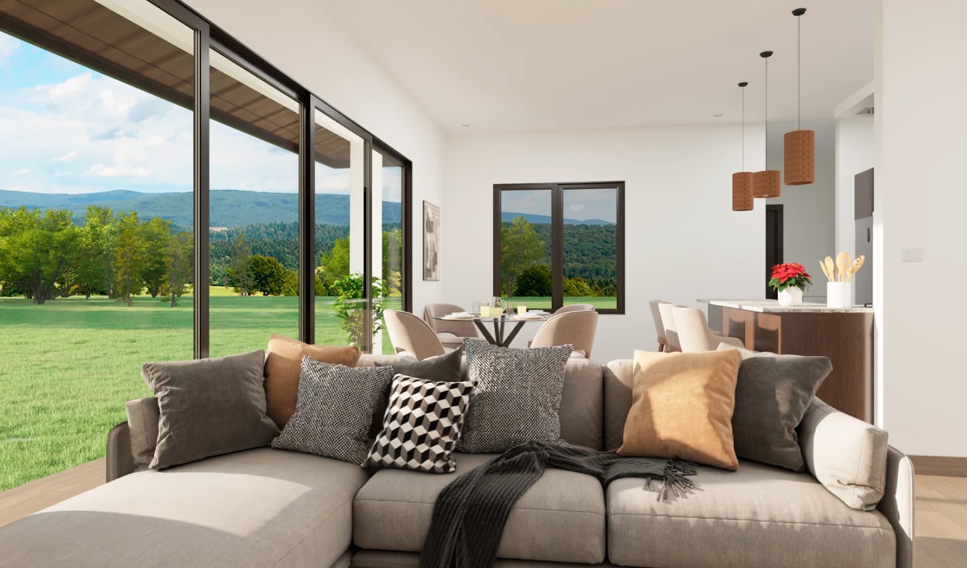 Living room with garden and mountain views in a Grand Canyon house