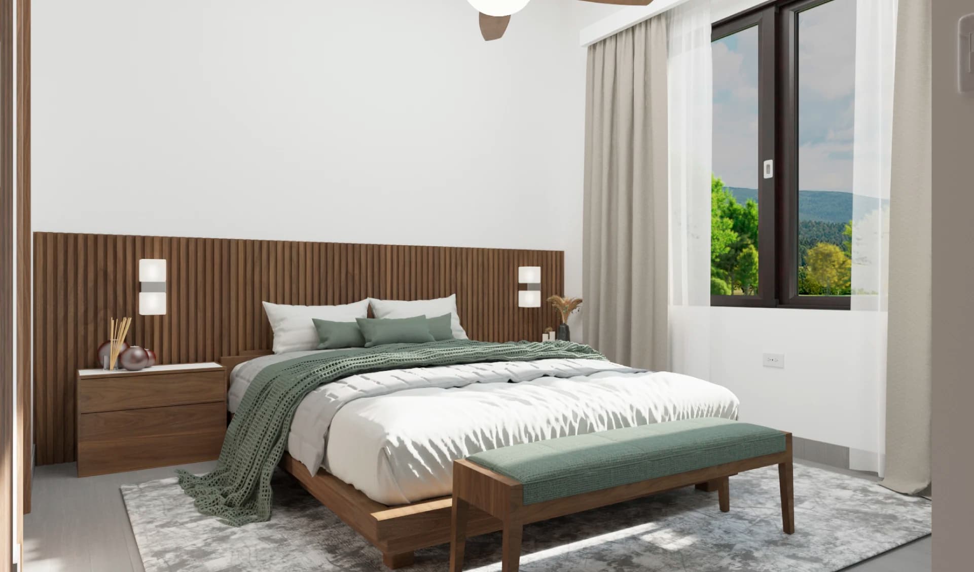 Main bedroom with wood headboard wall in a Grand Canyon Platino house