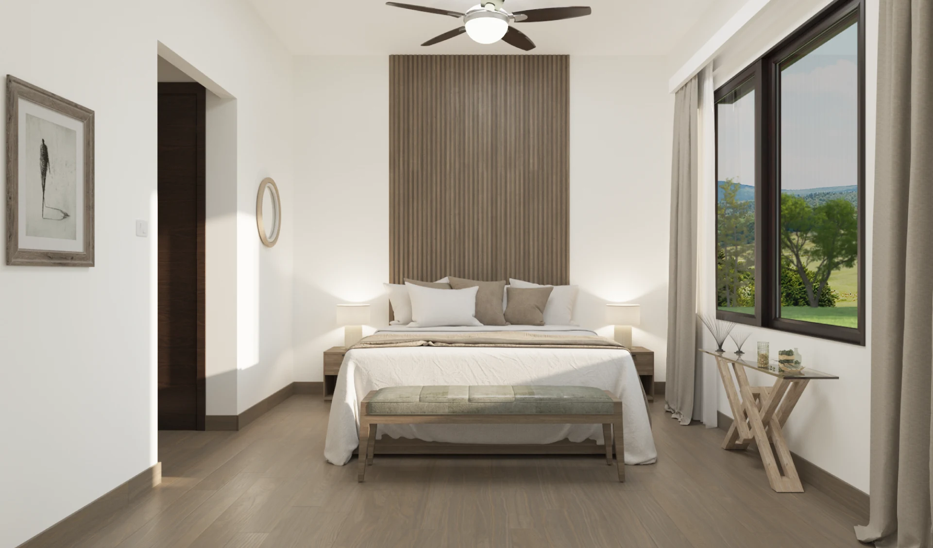 Bedroom with ceiling fan and garden window in a Grand Canyon house