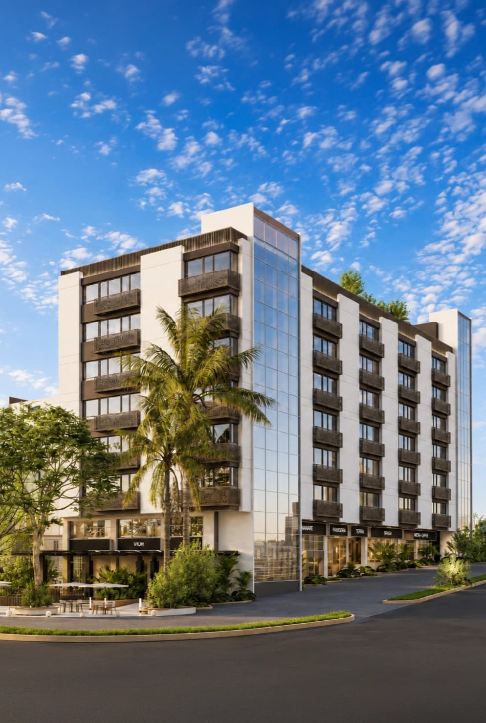 Stay Bella Vista building facade with palm trees, Panama City