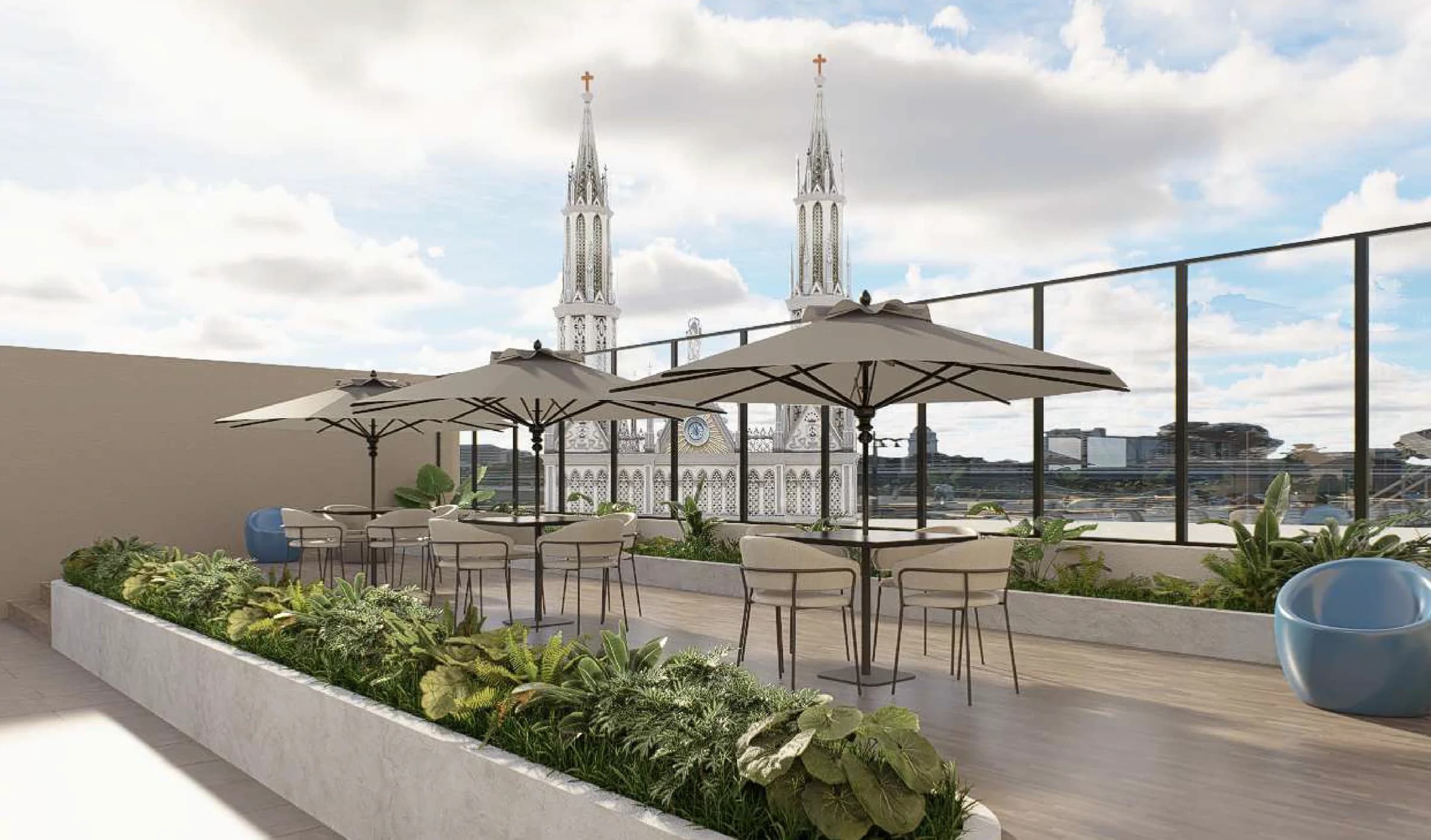 Rooftop terrace overlooking the Iglesia del Carmen spires at Stay Bella Vista