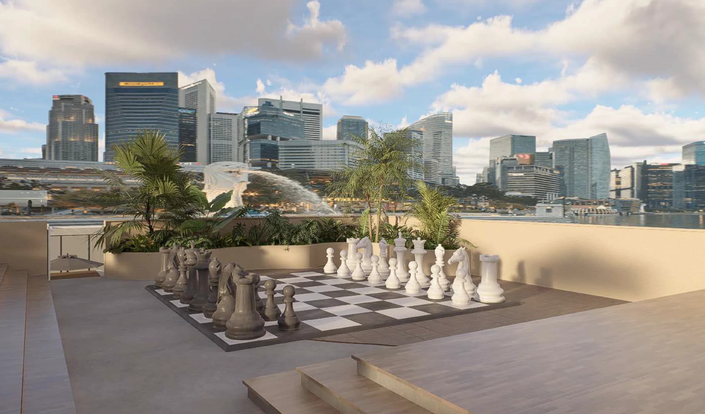Rooftop giant chess board with Panama City skyline at Stay Bella Vista