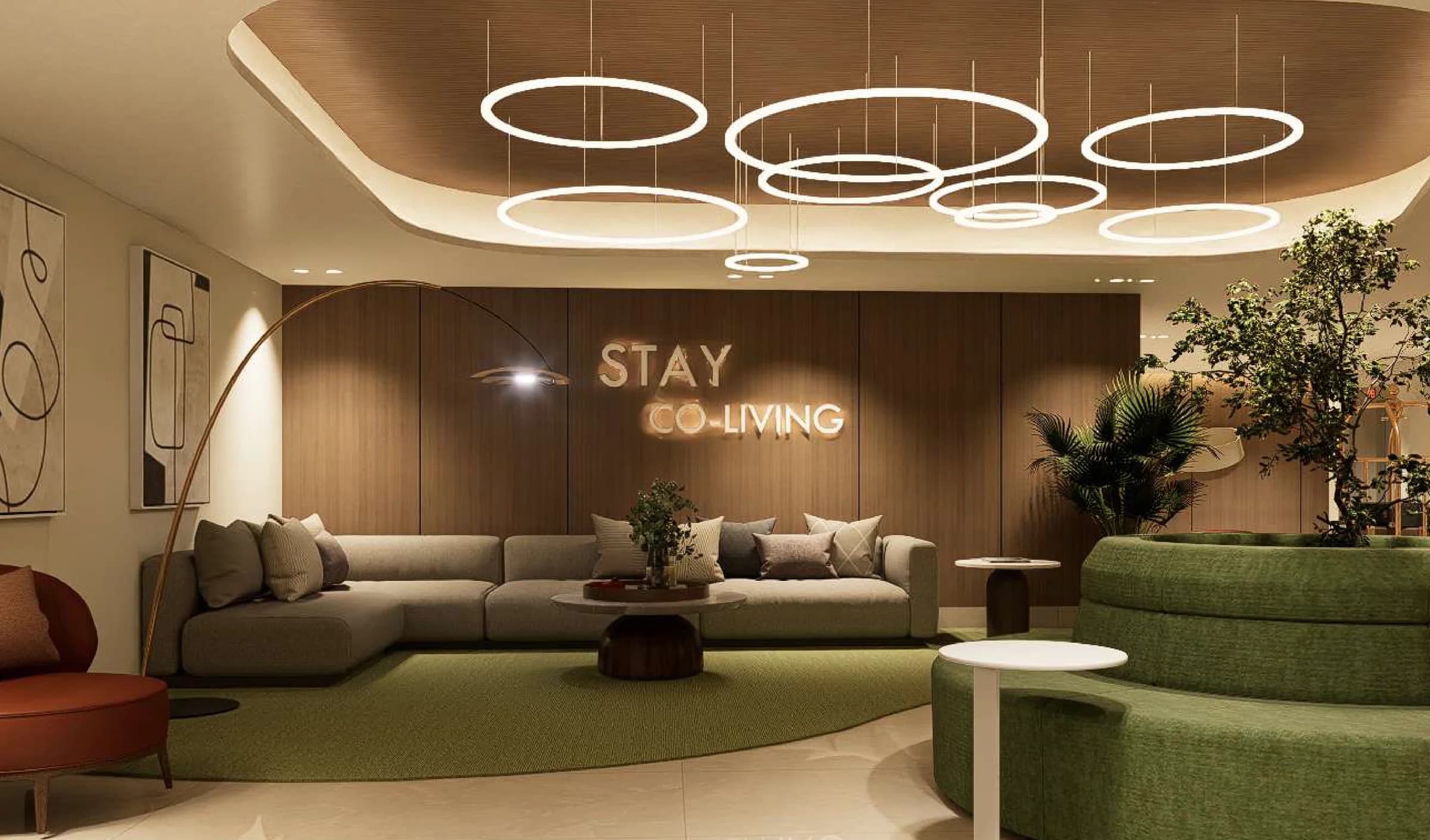 Co-living lounge with circular lights at Stay Bella Vista