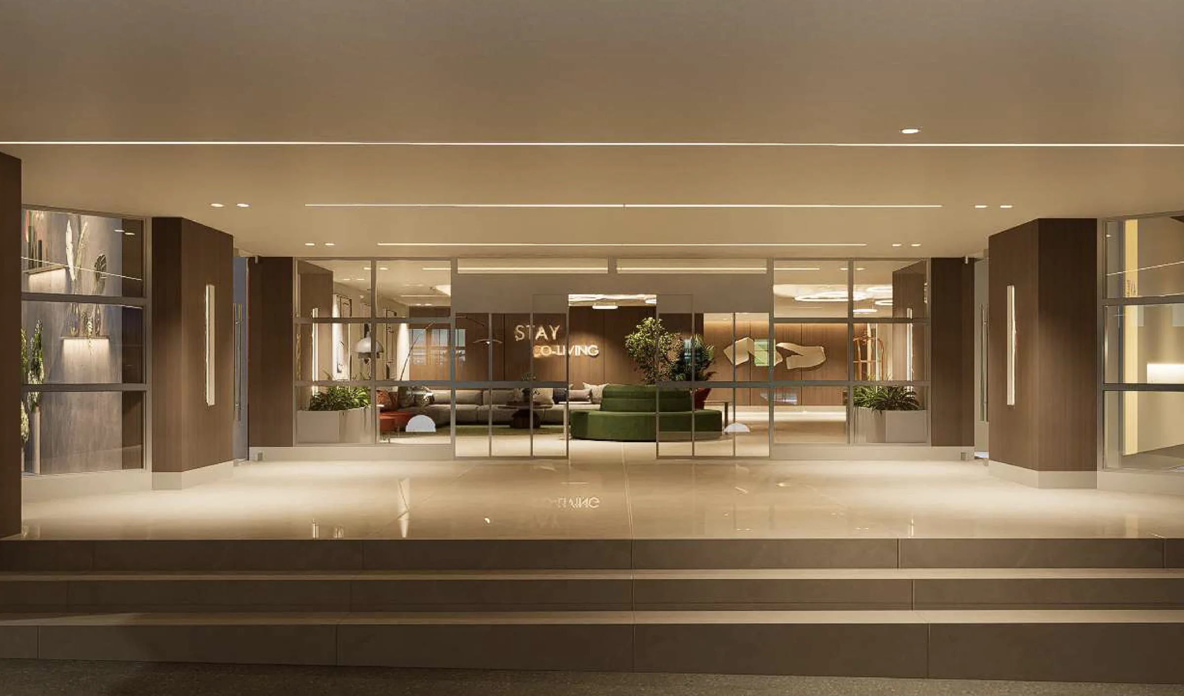 Ground-floor lobby opening onto the co-living lounge at Stay Bella Vista