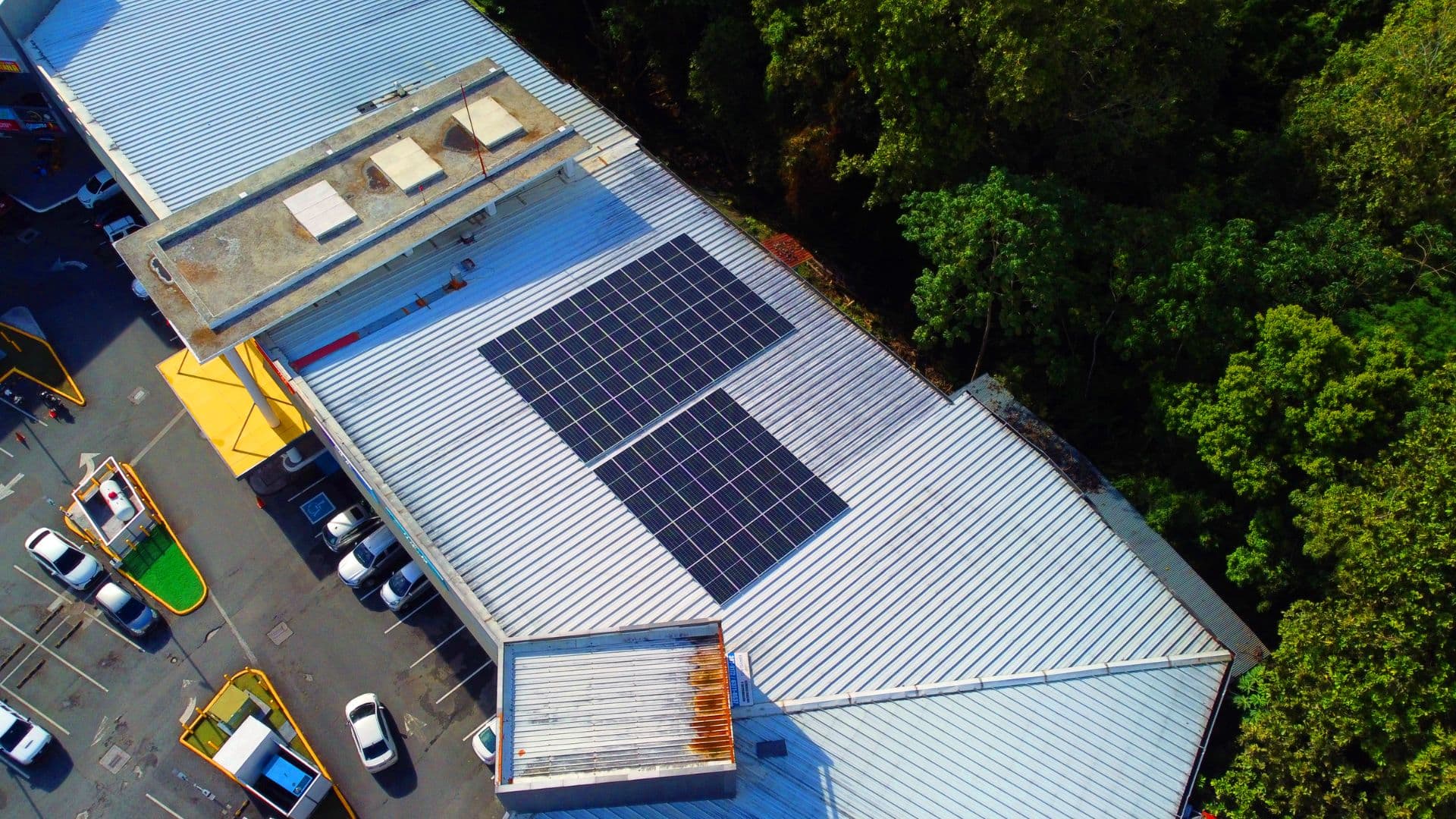 Aerial view of the solar array on the roof of Brisas Mall in Brisas del Golf, Panama City