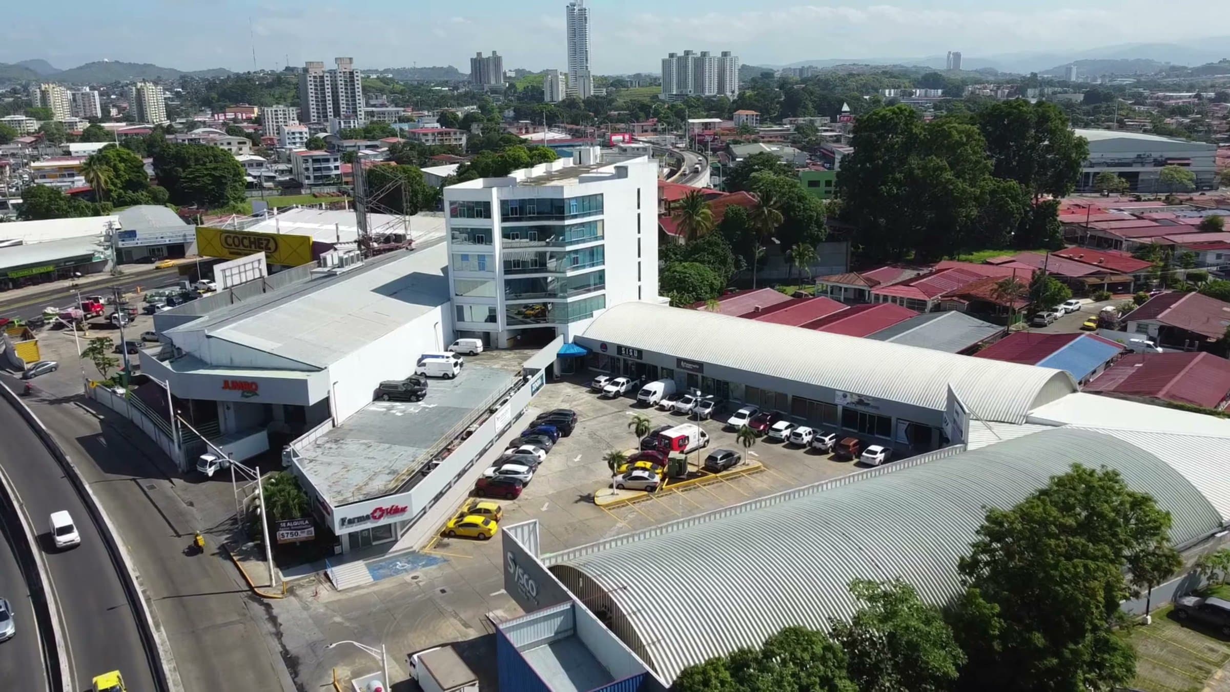 Drone view of the Centro del Este commercial complex and office tower, Costa del Este