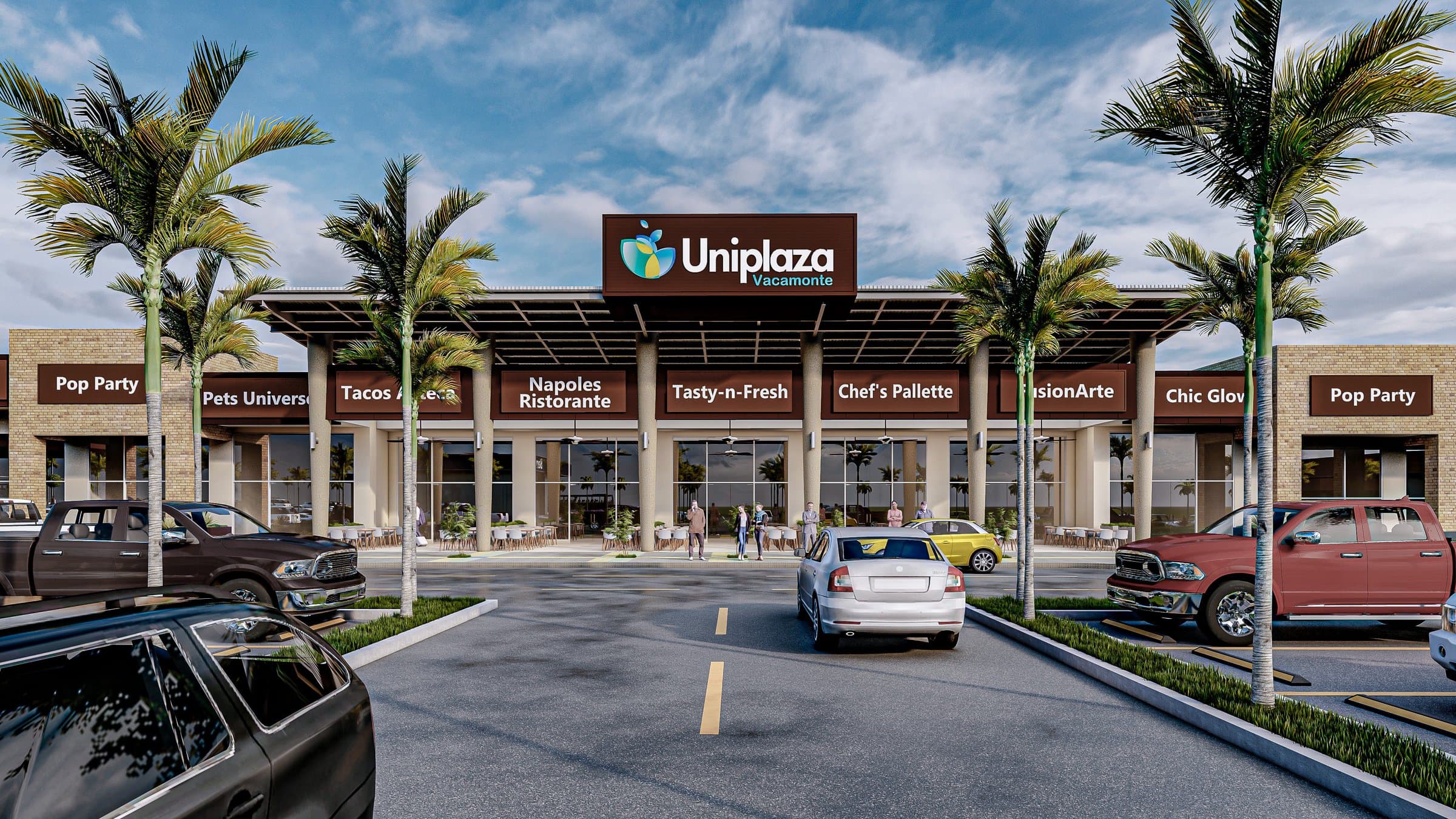 Uniplaza Vacamonte entrance sign with palm trees and restaurant storefronts