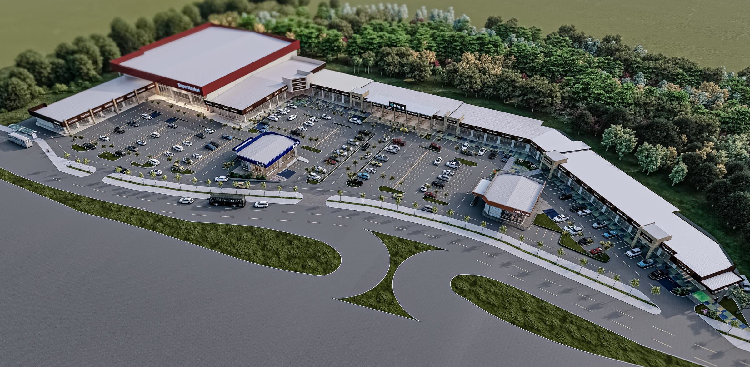 Aerial rendering of Uniplaza Vacamonte with its supermarket, retail rows and parking lot