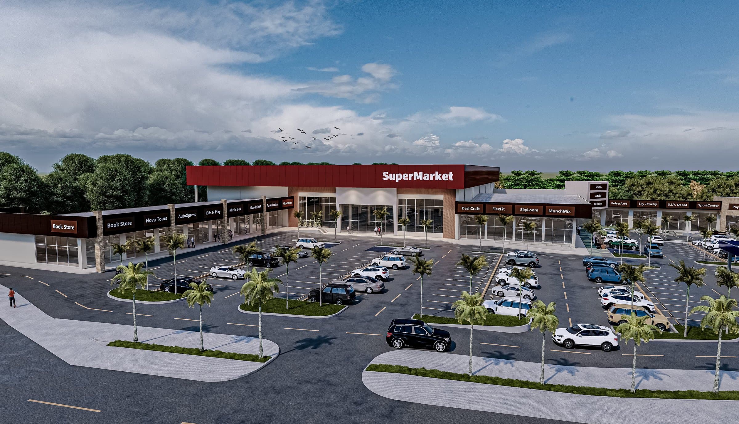 Rendering of the Uniplaza Vacamonte supermarket and parking lot from above