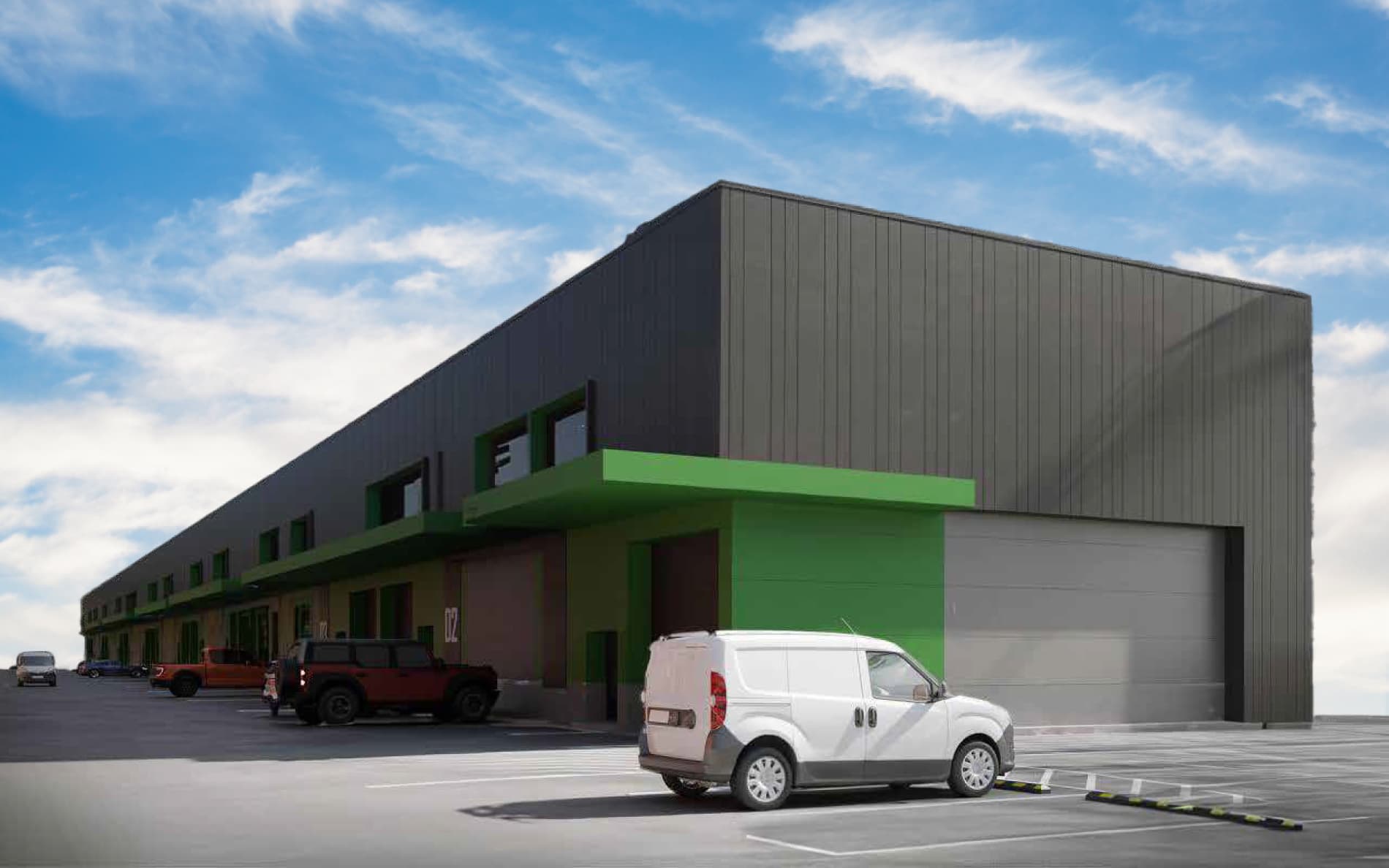 Rendering of the Office Bodega Tocumen warehouse-office units with roll-up loading doors