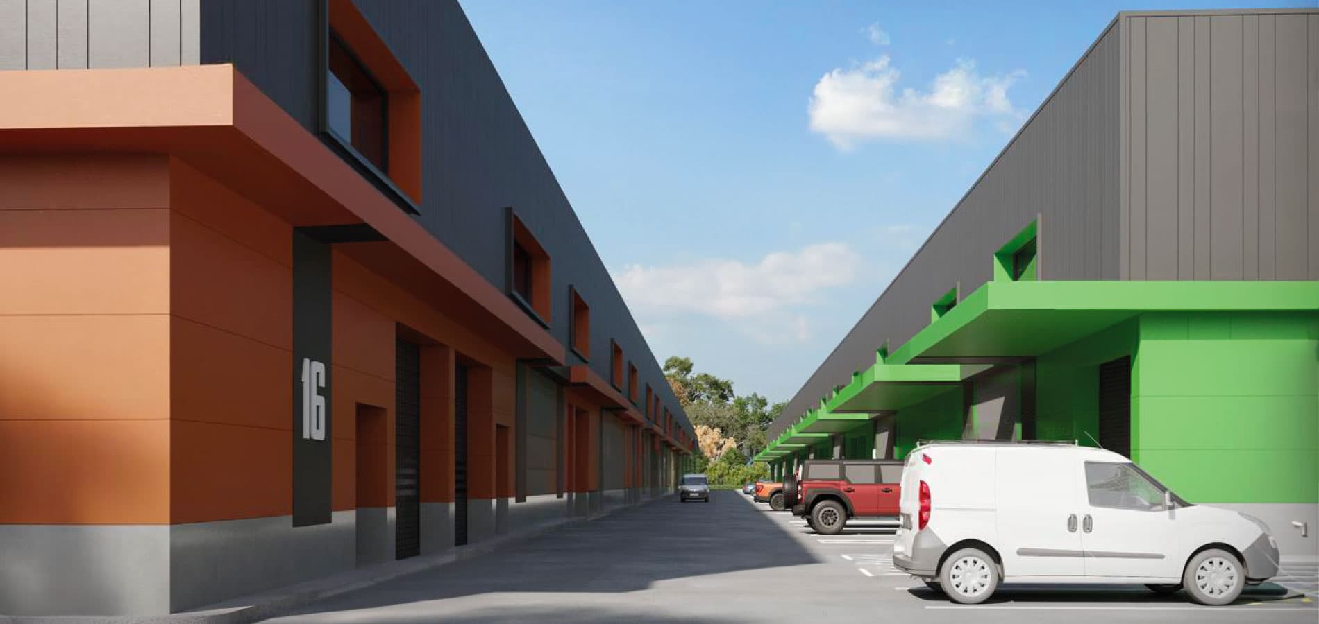 Rendering of the Office Bodega Tocumen internal street between its two wings of units