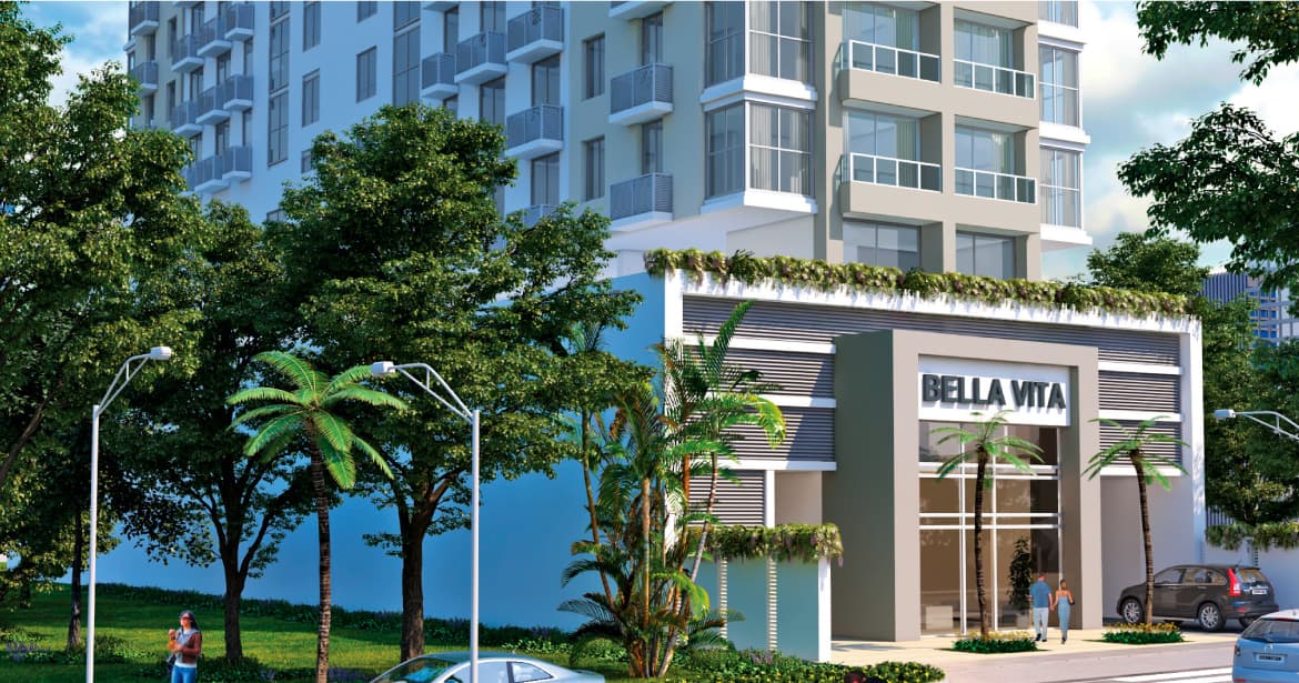 Rendering of the Bella Vita entrance and lobby canopy on a tree-lined street in San Francisco, Panama City