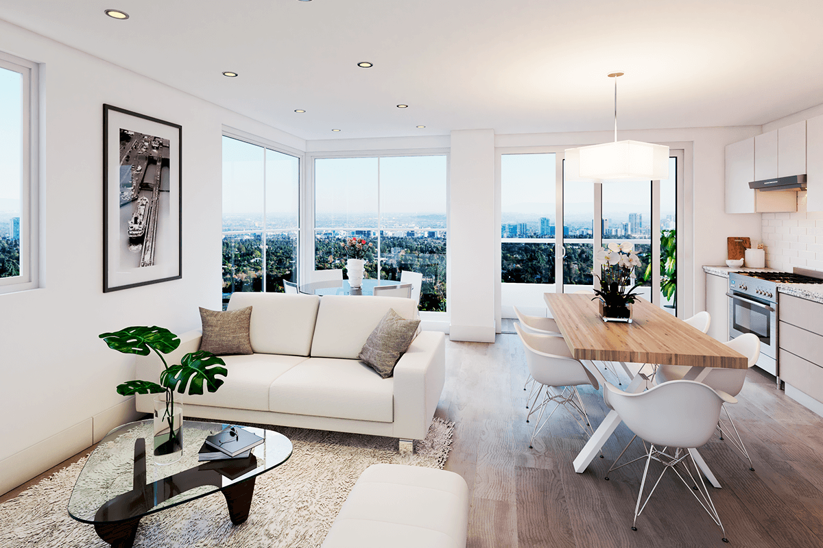 Rendering of an open living and dining room with city views in a Bella Vita apartment