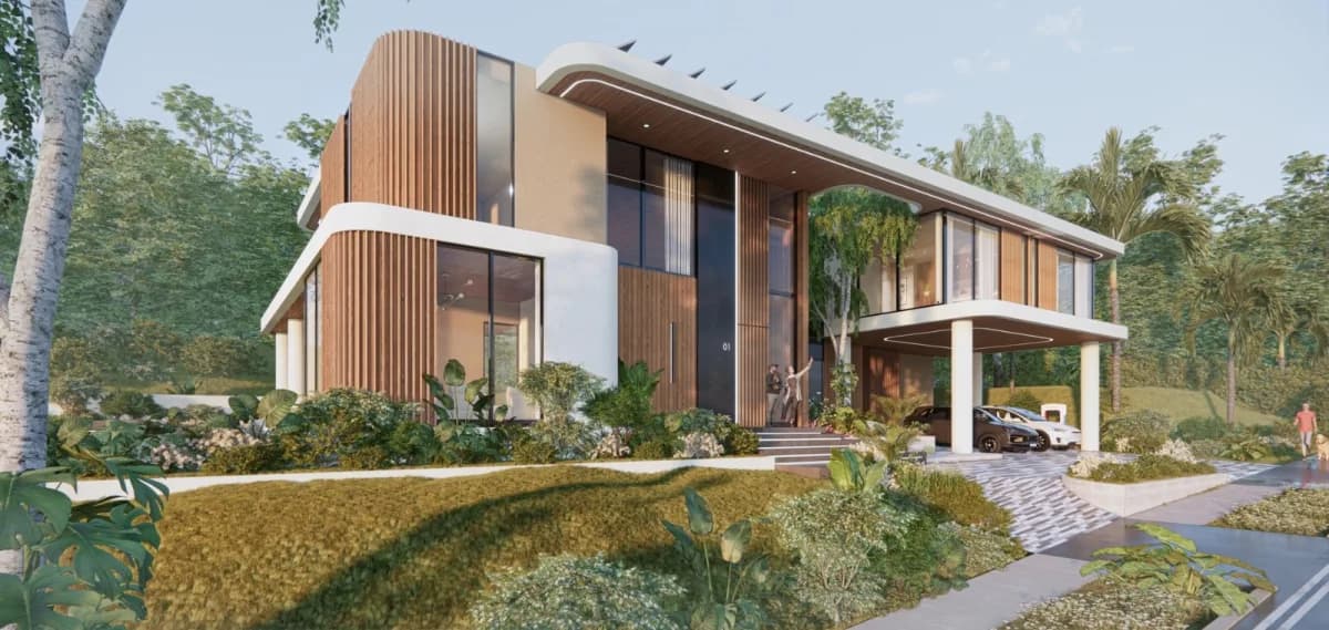 Rendering of a two-story house with a curved wood facade and carport on a hillside lot, a design concept for Hill Ridge, Panama Pacifico
