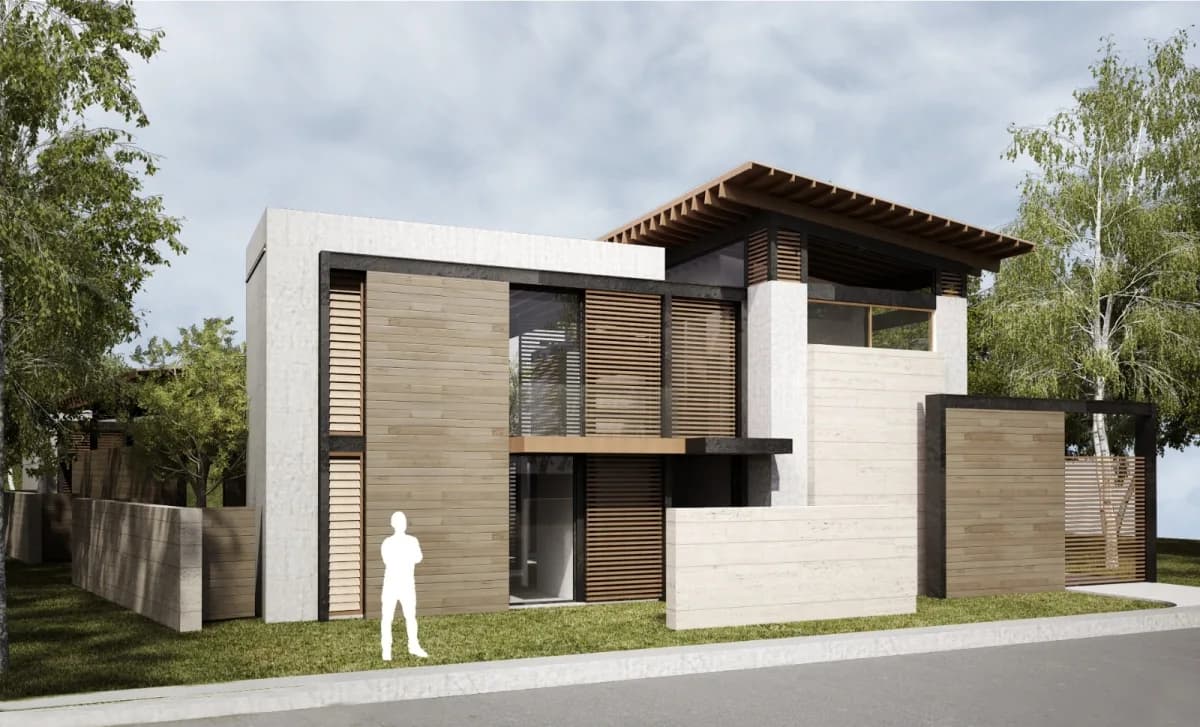 Rendering of a stone and wood house with a roof terrace on a Hill Ridge lot, Panama Pacifico