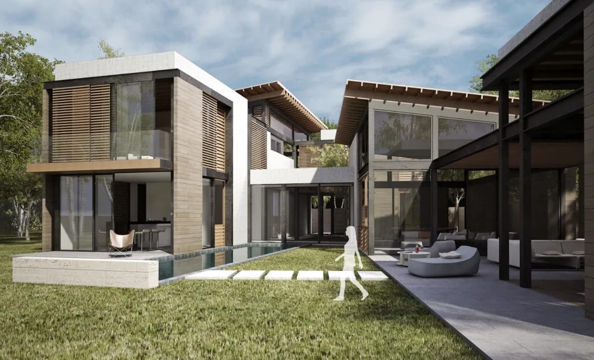 Rendering of a house with a lap pool and covered lounge on a Hill Ridge lot, Panama Pacifico