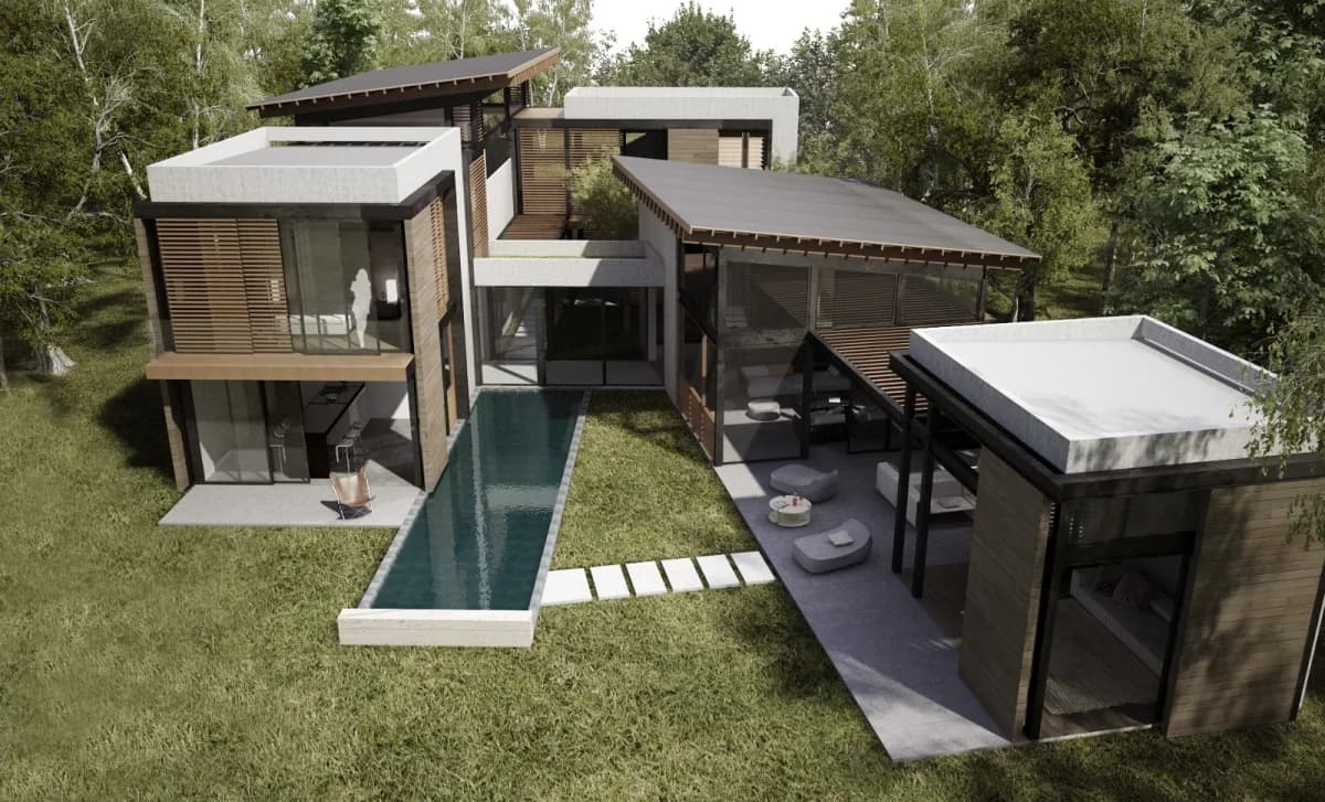 Aerial rendering of a house with a lap pool among trees, a design concept for a Hill Ridge lot, Panama Pacifico