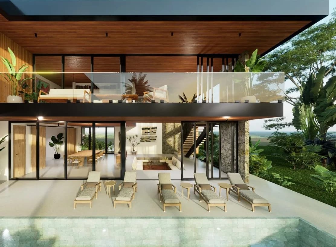 Rendering of a double-height glass living area opening onto a pool deck, a design concept for a Hill Ridge lot, Panama Pacifico