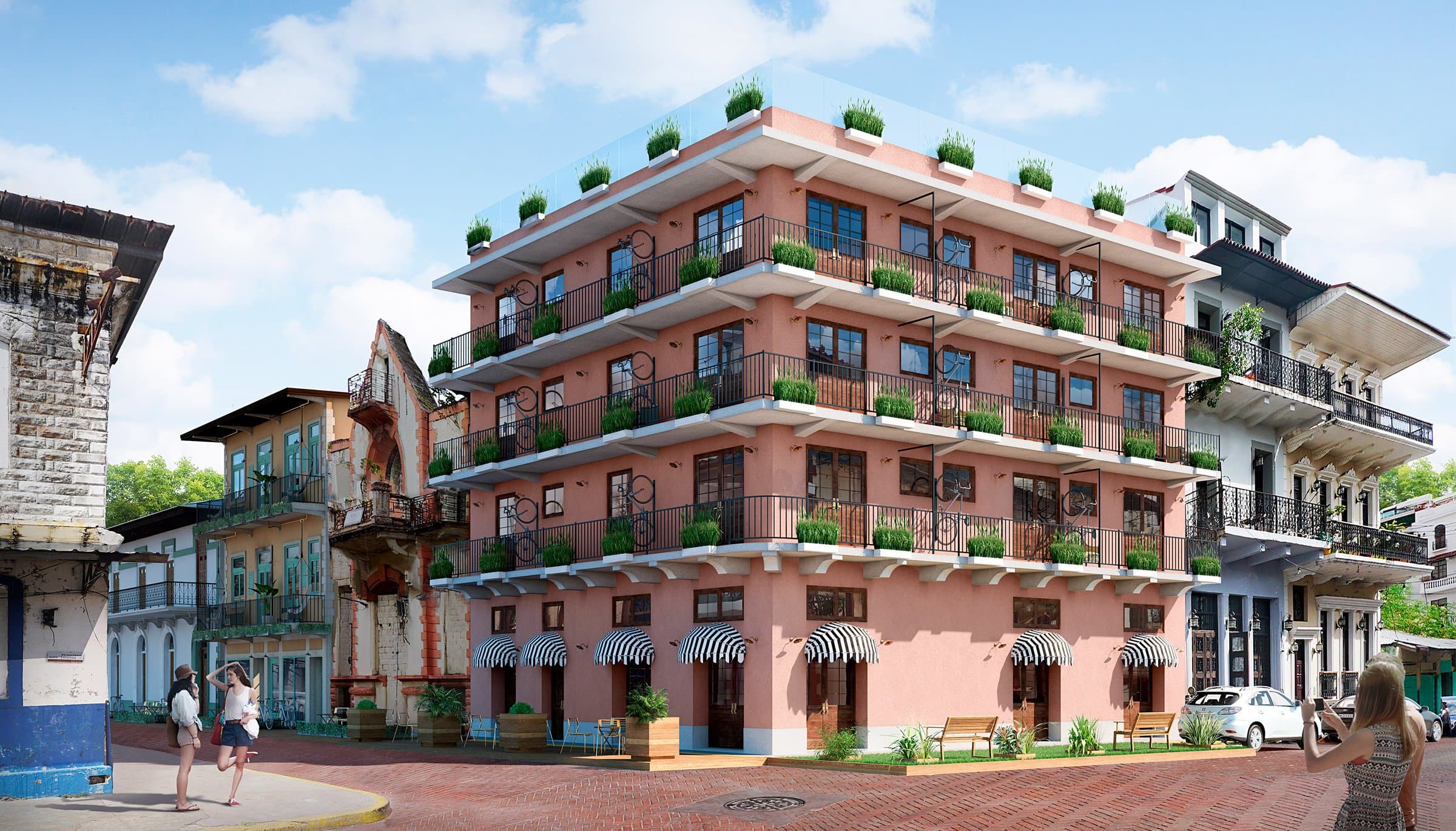 Rendering of a restored pink Dekel building with plant-lined balconies in Casco Viejo