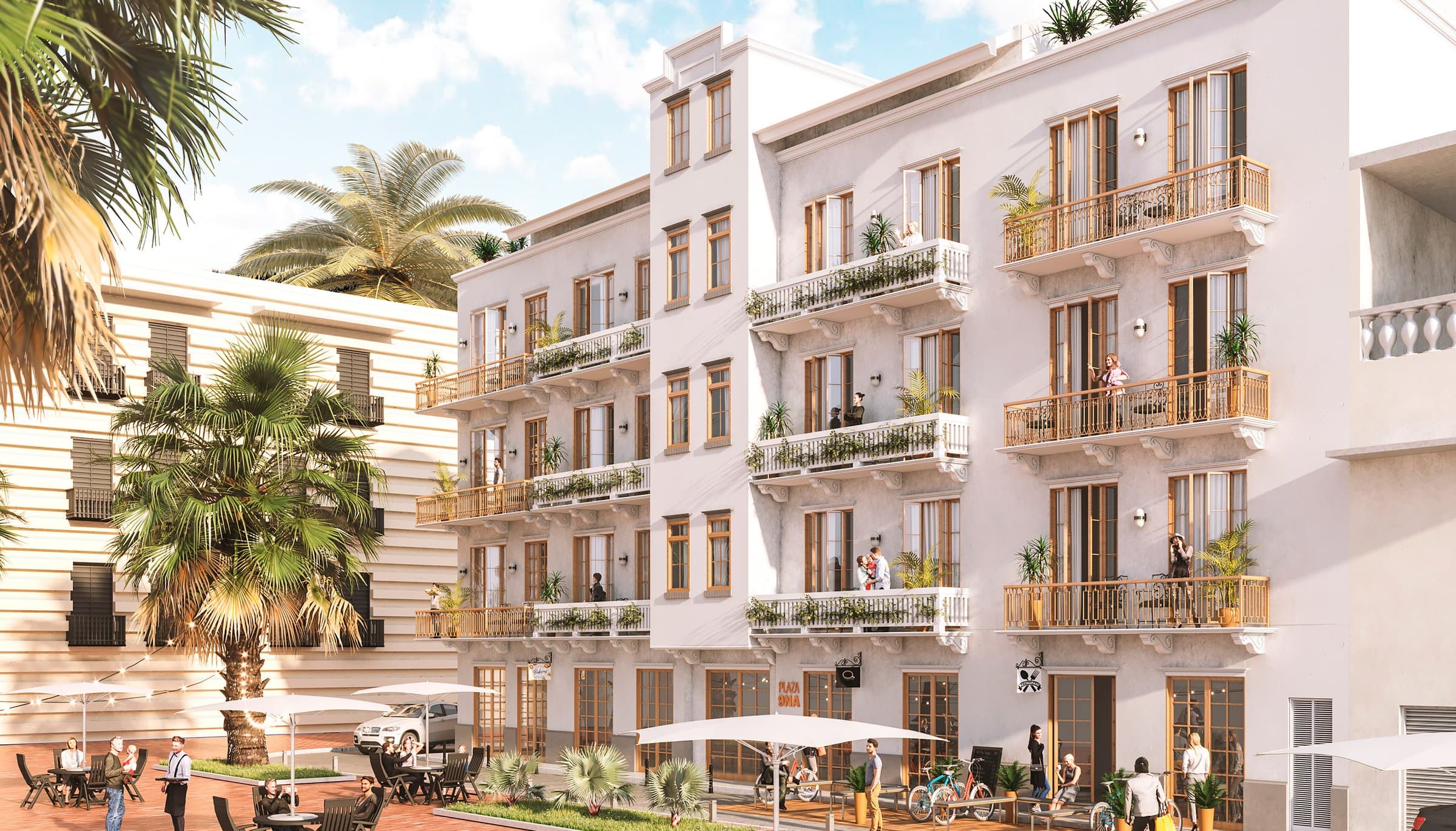 Rendering of a restored white Dekel building beside a plaza in Casco Viejo