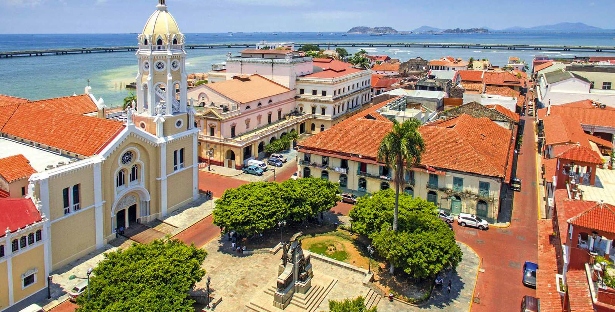 Aerial view of Plaza Bolívar and the Casco Viejo rooftops where the Dekel Casco Viejo Portfolio buildings stand
