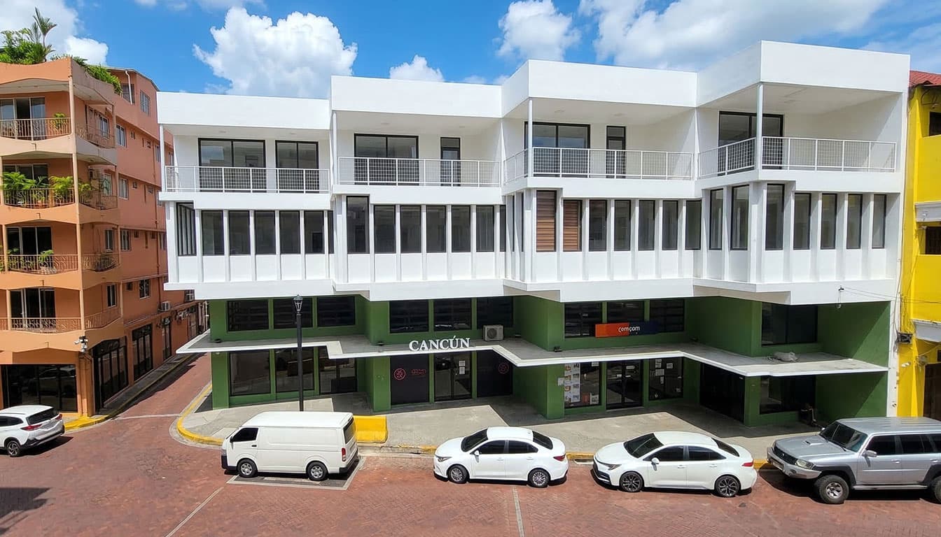 La Moderna restored white building with green ground floor on Avenida B, Casco Antiguo