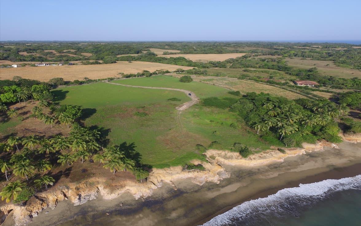 Aerial view of the Los Cabos coastal land and grasslands in Pedasi