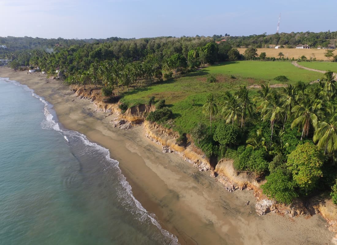 Aerial view of the beach below the Los Cabos site in Pedasi