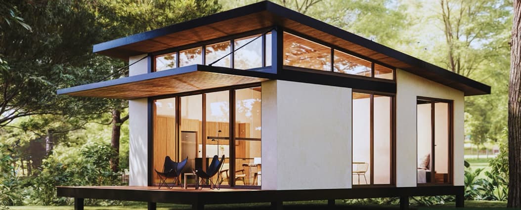 Rendering of a Vista Kaelo modular eco-cottage with glass walls among trees