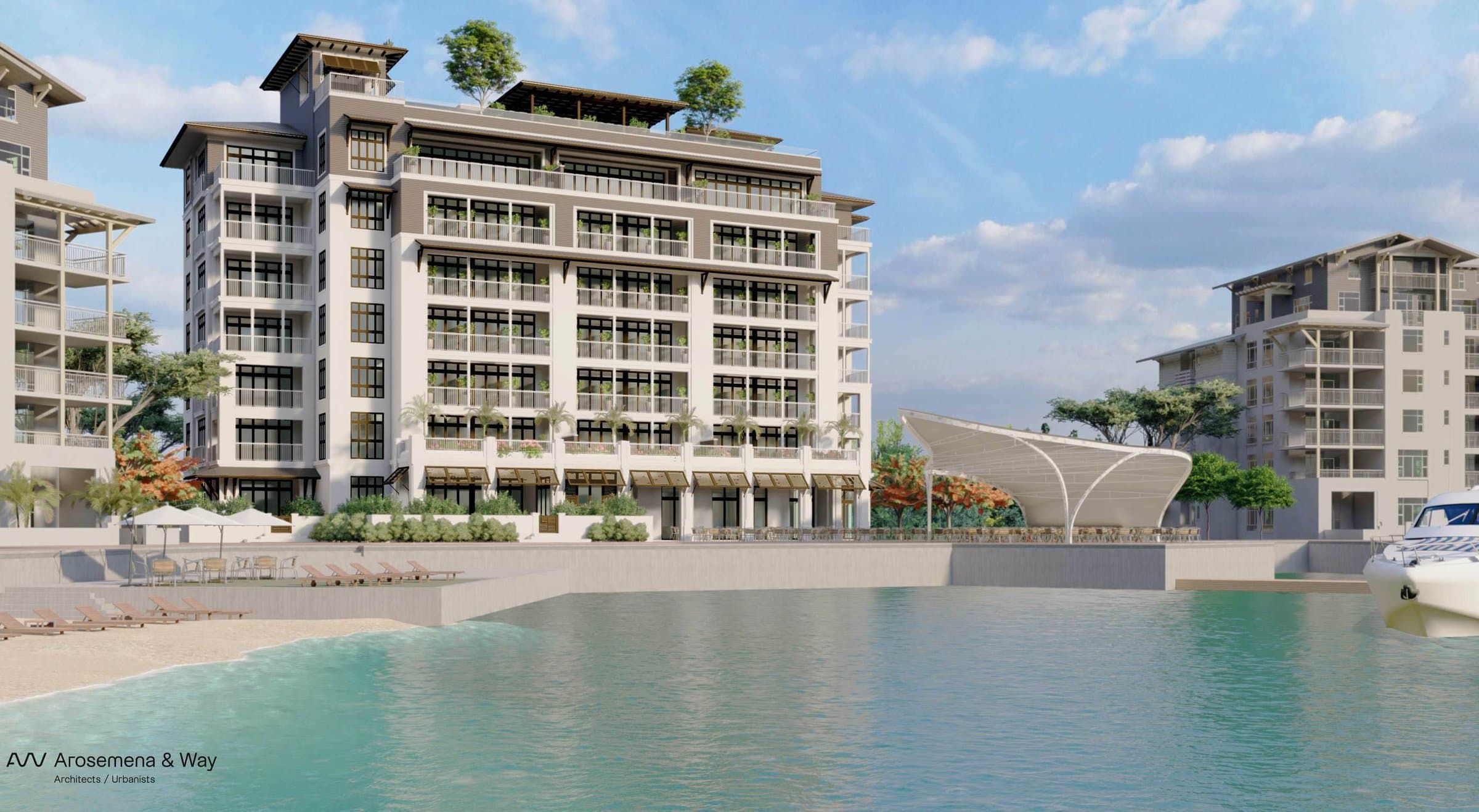 Rendering of Marine Lodge beside the Buenaventura Marina lagoon