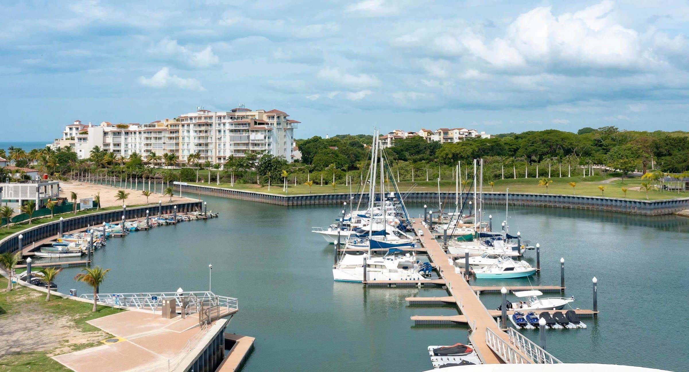 Buenaventura Marina with yachts and Marina Village buildings near Marine Lodge