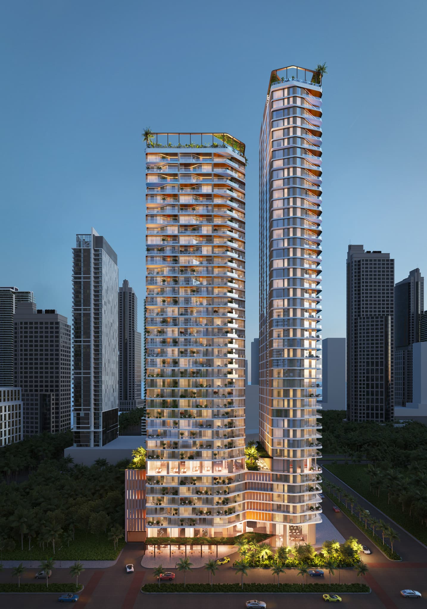 DIECI's twin towers lit at dusk against the Panama City skyline