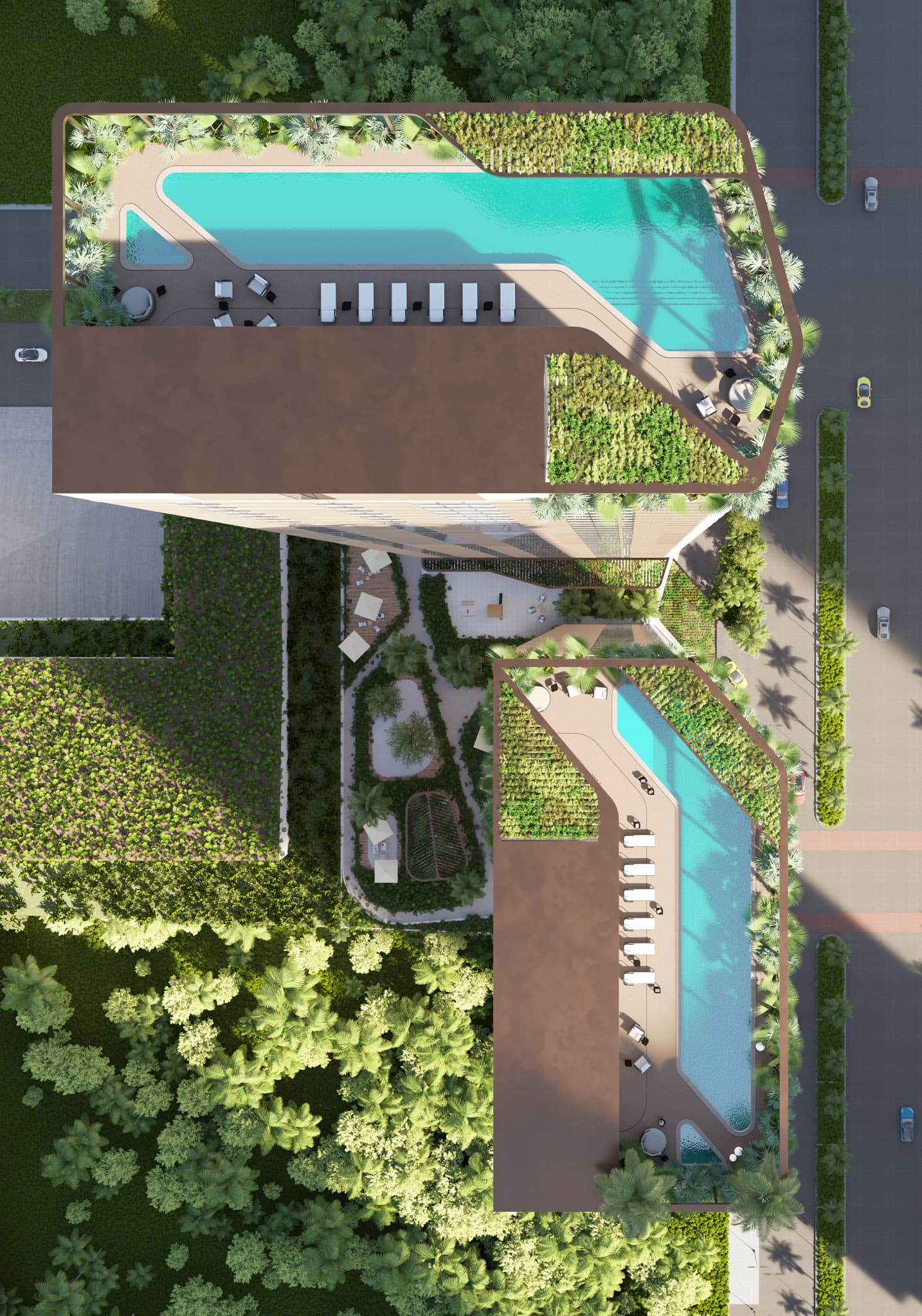 Aerial view of the DIECI podium with its two pools and garden deck