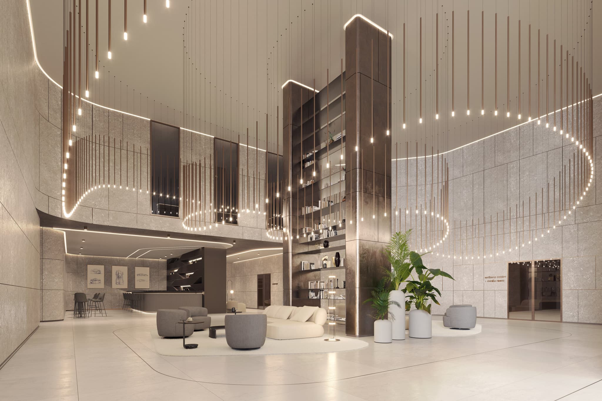 Double-height lobby lounge at DIECI with sculptural lighting