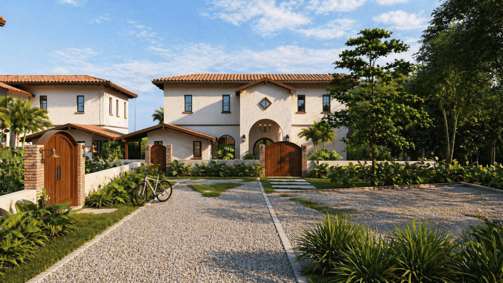 Entrance courtyard and facades of the Spanish Revival villas at Venao Cove