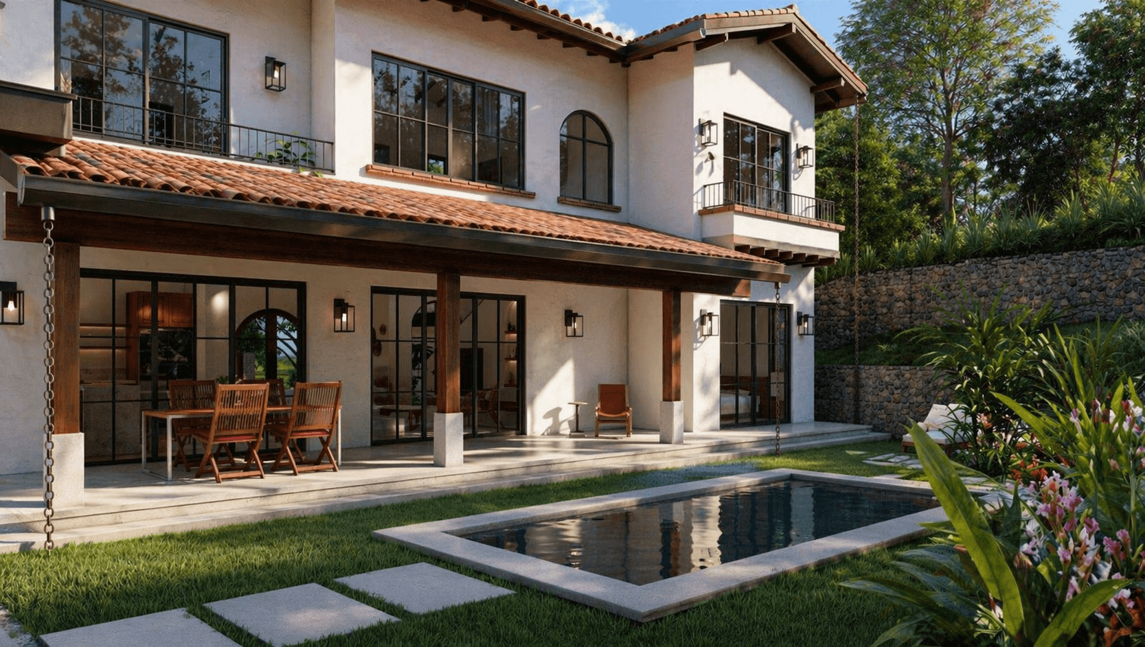 Private pool and rear facade of a villa at Venao Cove