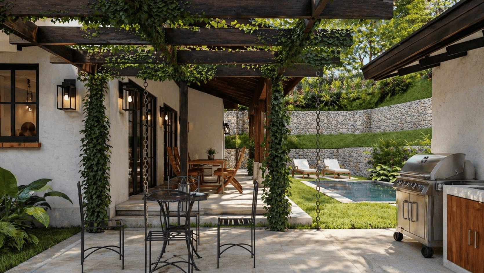 Covered patio with barbecue and pool at Venao Cove