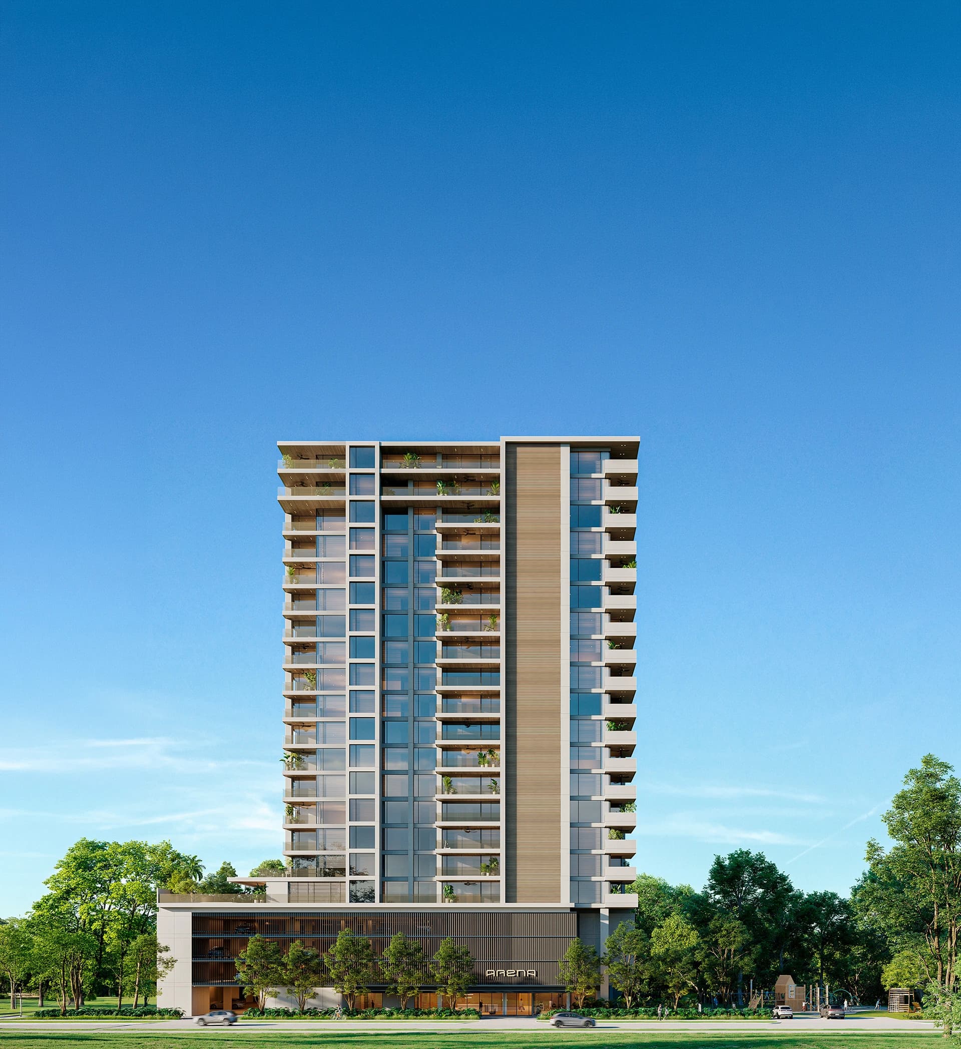 Facade of an Arena tower in Santa Maria, Panama