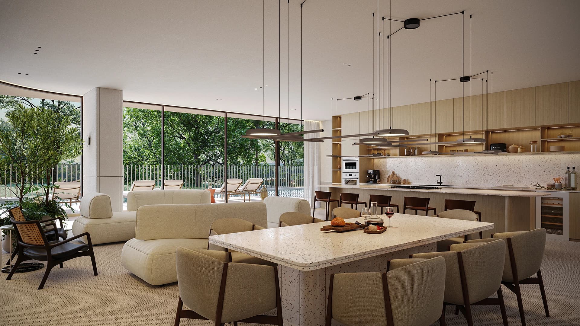 Chef's kitchen and social lounge at Arena