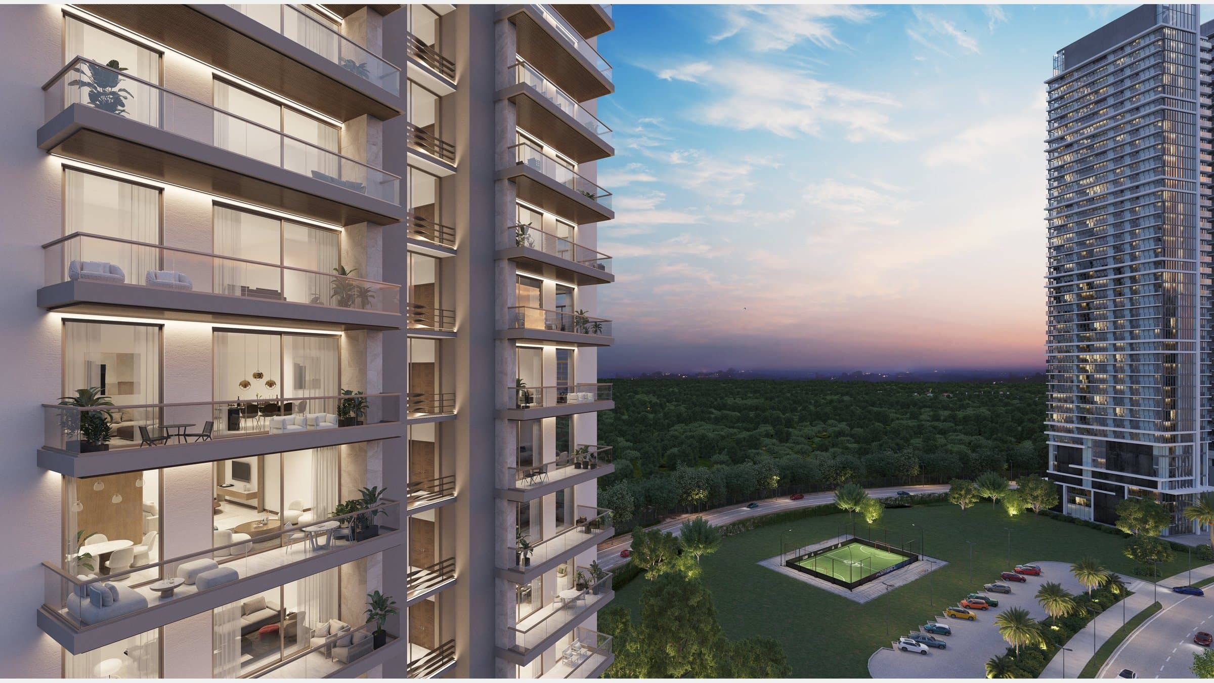Facade of Torre Altair with its balconies over Santa Maria Golf & Country Club