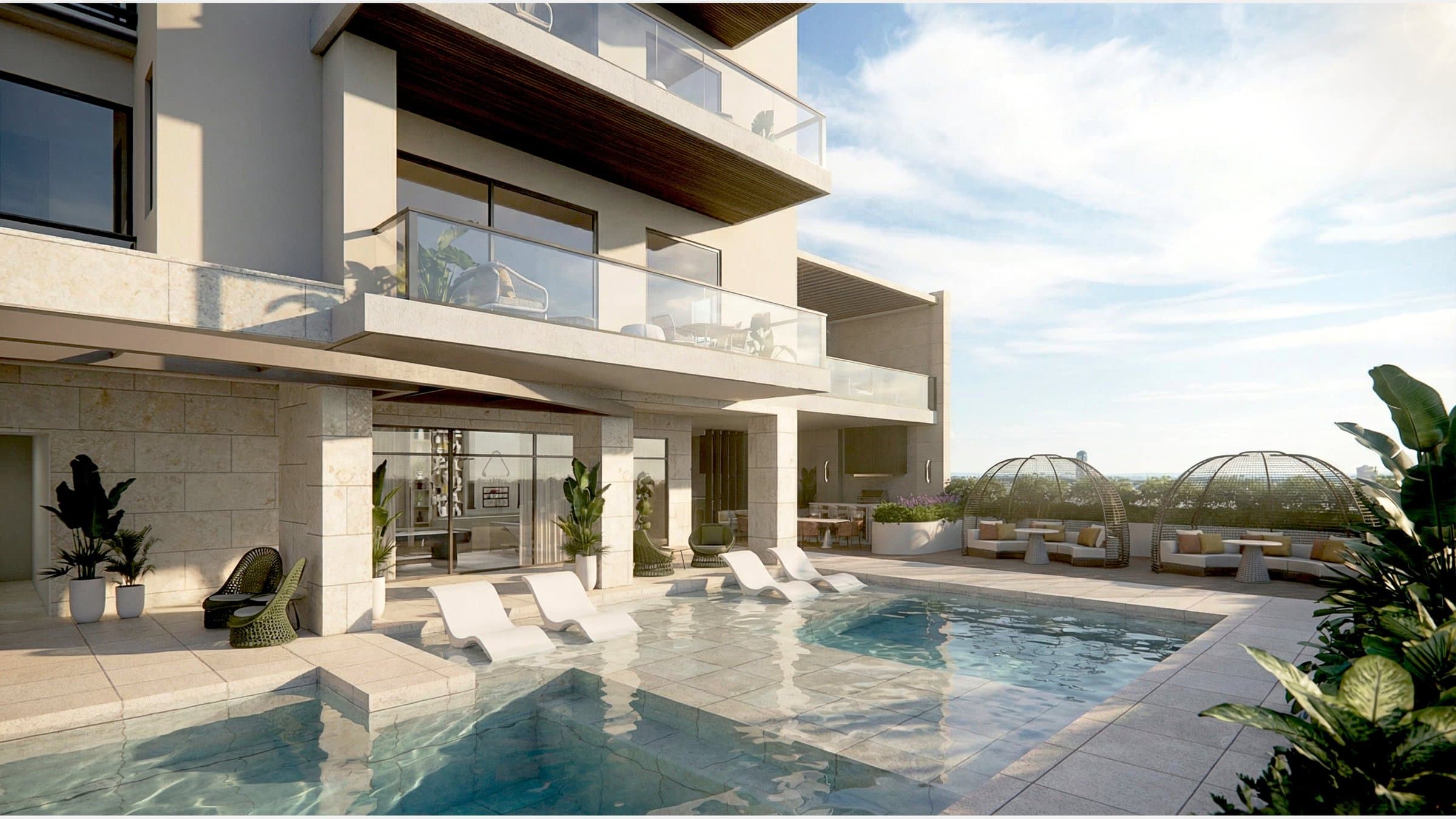 Pool deck with sun loungers at Torre Altair, Santa Maria