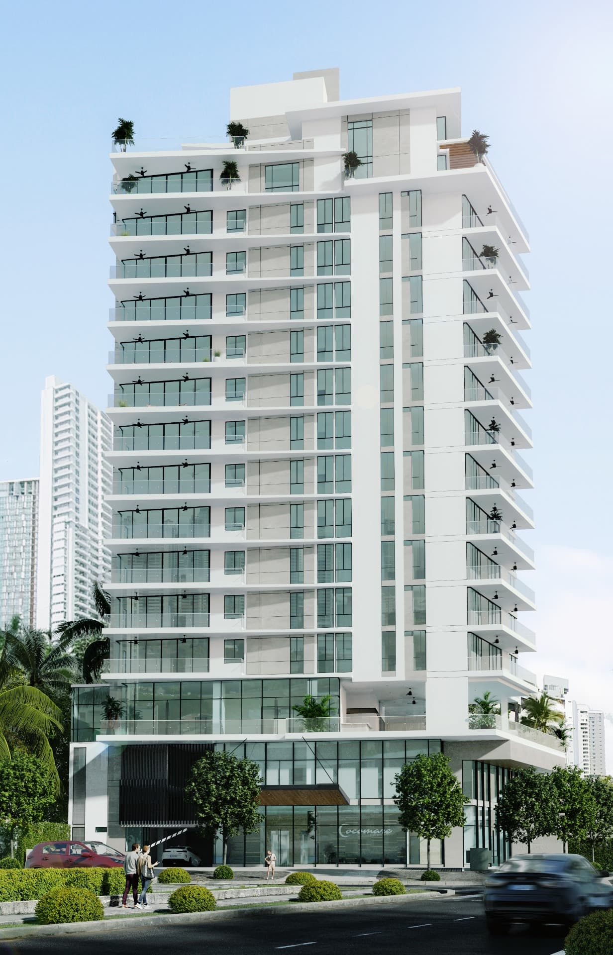 Daytime facade of the Cocomare tower in Coco del Mar