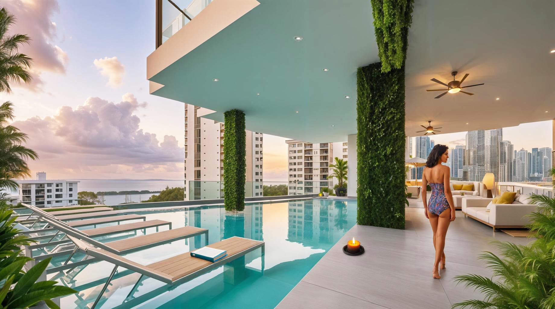 Swimming pool terrace with city and bay views at Cocomare
