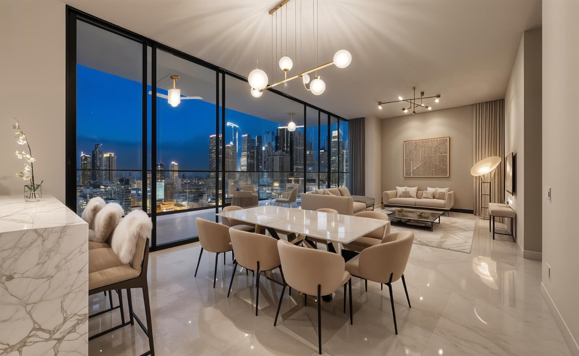 Living and dining room of a Model A apartment at Cocomare